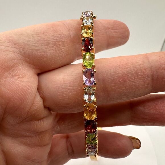 SALE! VTG Multi-gemstone cuff bracelet in gold tone over stamped .925! - Picture 2 of 7